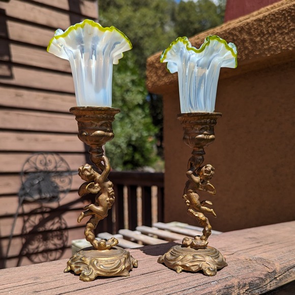 Antique Cherub Candle Holders Gilt Bronze w Hand Blown Ruffled Glass Green Rim - Picture 3 of 13